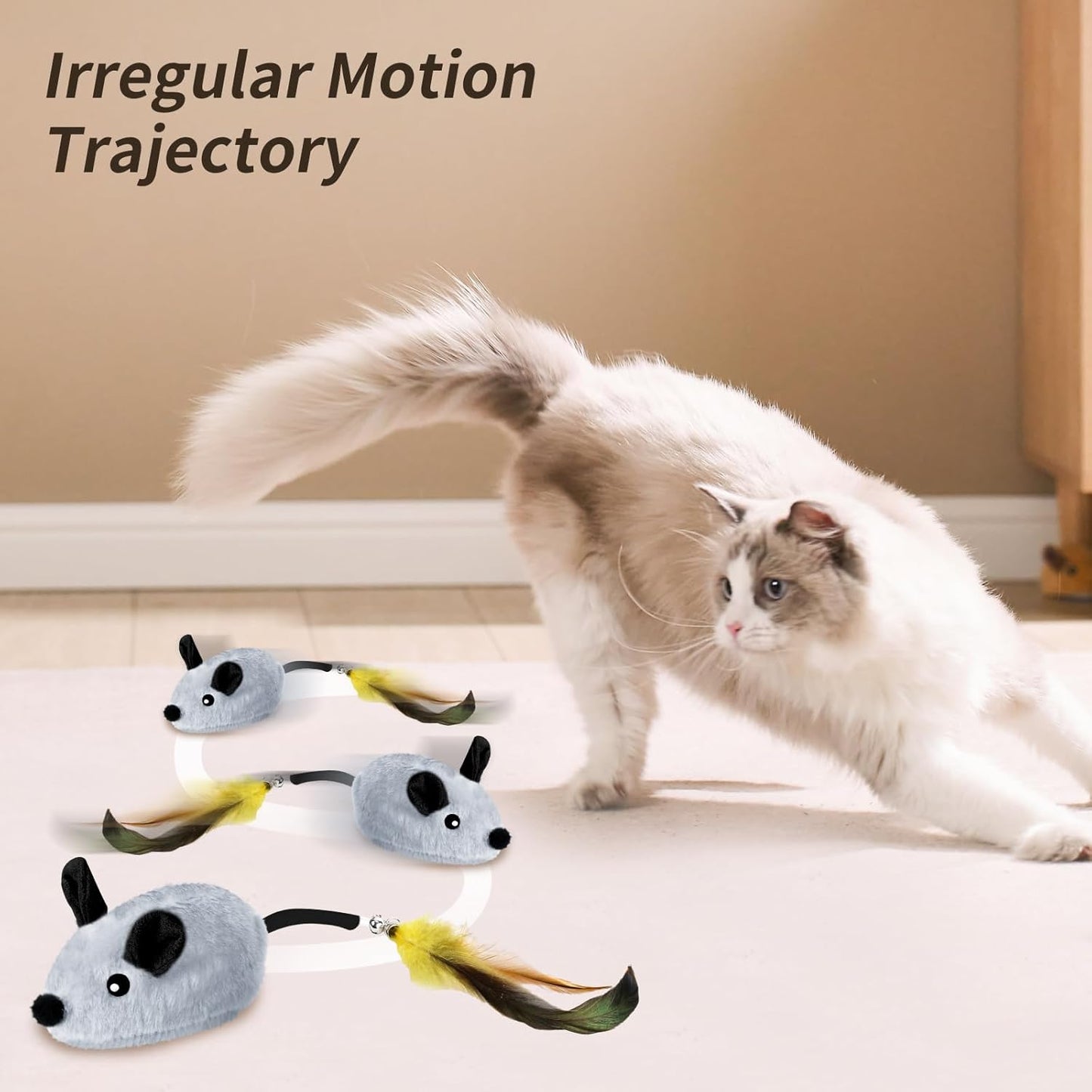 Interactive Cat Toys Mouse for Indoor Cats Rechargeable LED Cat Mouse Toy Feather Bell Tail Lifelike Electric Automatic Moving Mouse Cat Toy for All Breeds Cat Boredom Exercise