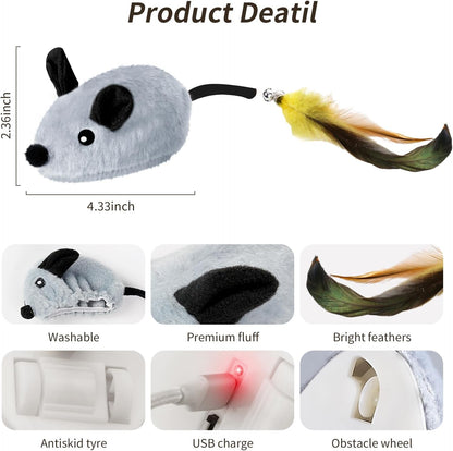 Interactive Cat Toys Mouse for Indoor Cats Rechargeable LED Cat Mouse Toy Feather Bell Tail Lifelike Electric Automatic Moving Mouse Cat Toy for All Breeds Cat Boredom Exercise