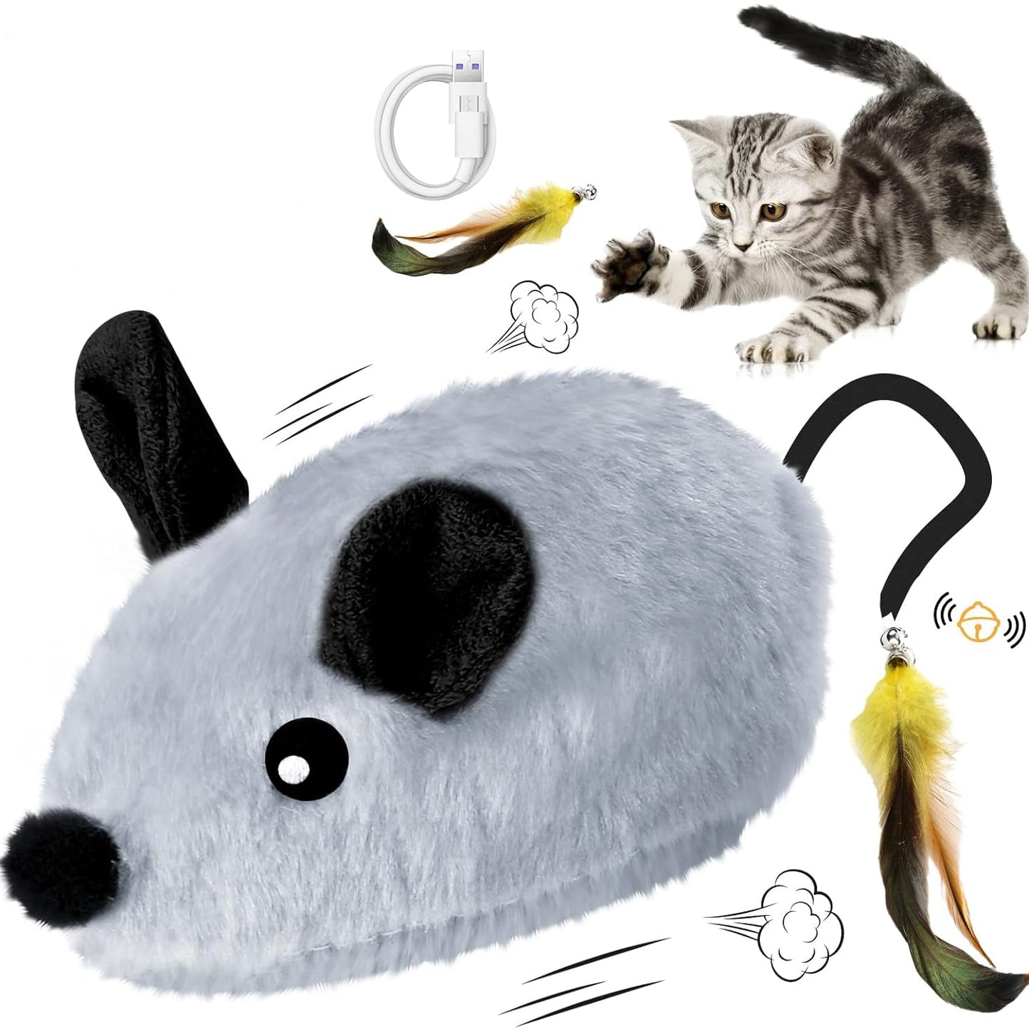 Interactive Cat Toys Mouse for Indoor Cats Rechargeable LED Cat Mouse Toy Feather Bell Tail Lifelike Electric Automatic Moving Mouse Cat Toy for All Breeds Cat Boredom Exercise