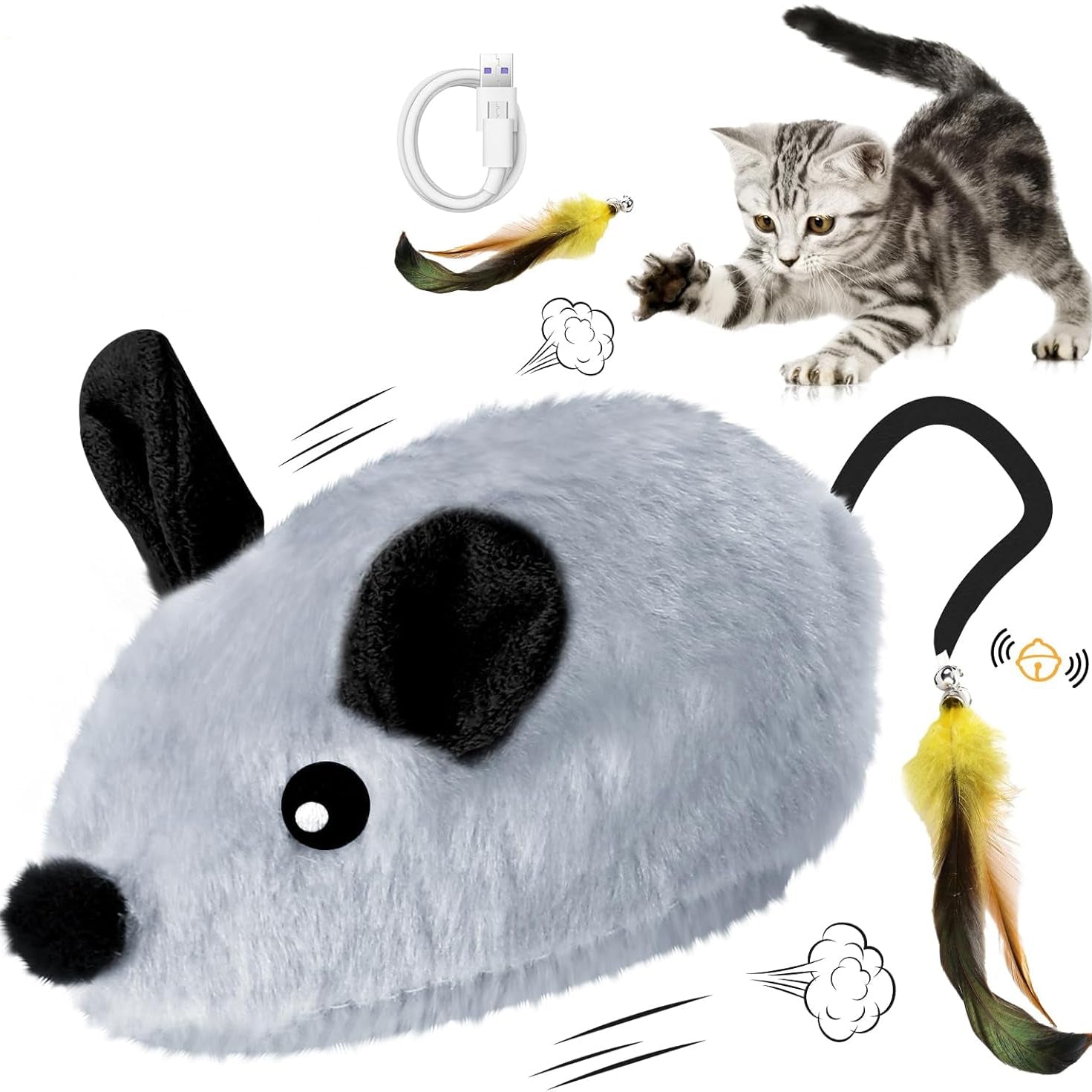 Interactive Cat Toys Mouse for Indoor Cats Rechargeable LED Cat Mouse Toy Feather Bell Tail Lifelike Electric Automatic Moving Mouse Cat Toy for All Breeds Cat Boredom Exercise