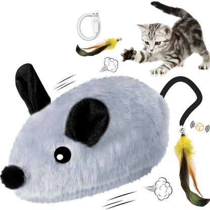 Interactive Cat Toys Mouse for Indoor Cats Rechargeable LED Cat Mouse Toy Feather Bell Tail Lifelike Electric Automatic Moving Mouse Cat Toy for All Breeds Cat Boredom Exercise