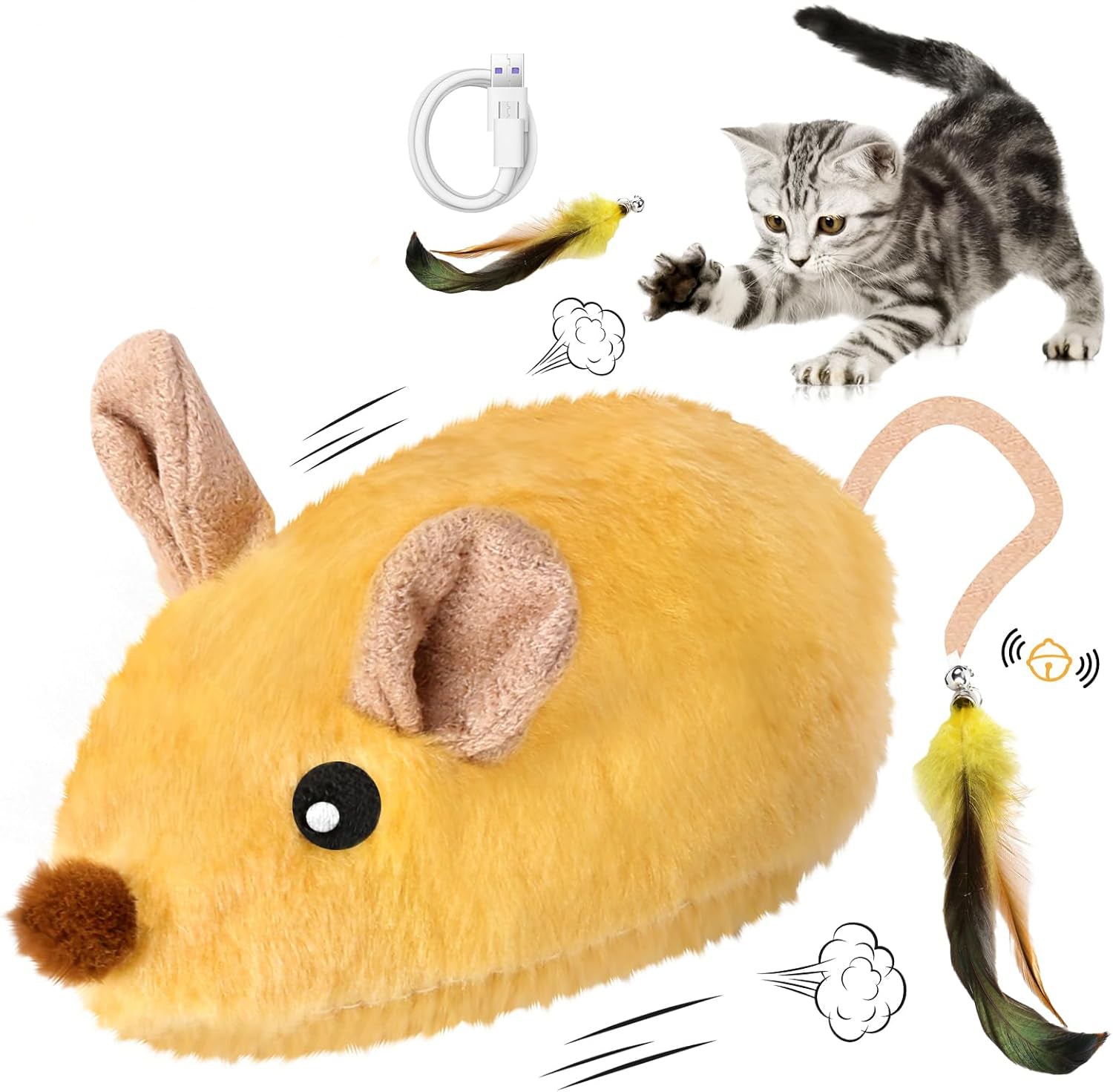 Interactive Cat Toys Mouse for Indoor Cats Rechargeable LED Cat Mouse Toy Feather Bell Tail Lifelike Electric Automatic Moving Mouse Cat Toy for All Breeds Cat Boredom Exercise